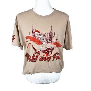 Orange Kiss Wild and Free Shirt Women Medium Brown Horses Skeleton Graphic Tee